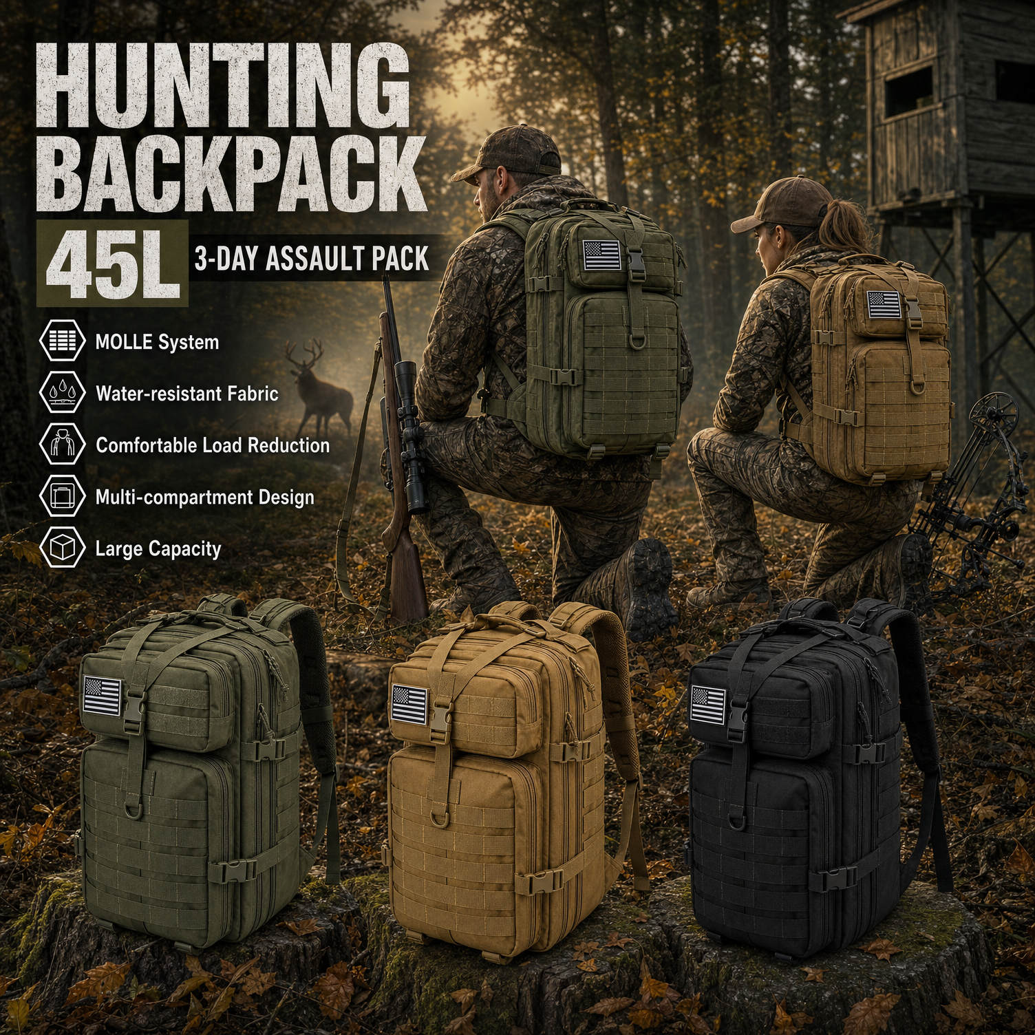Outdoor Camping Hiking - 45L Tactical Hunting Backpack Molle Camo