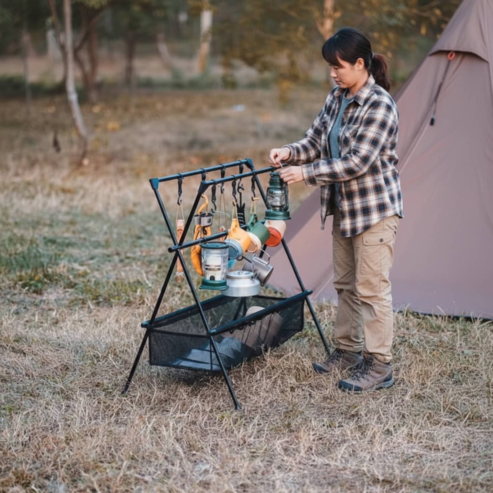 Outdoor Camping Gear - Portable Camping Rack Multifunctional Triangle Storage